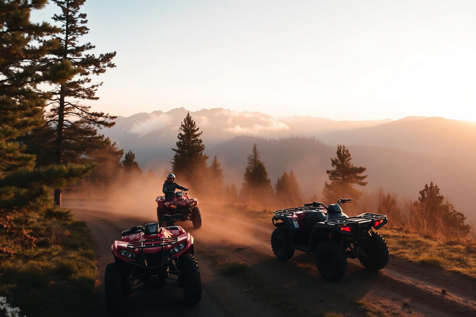 ATVs riding through the Sharri Mountains near Prizren at golden hour